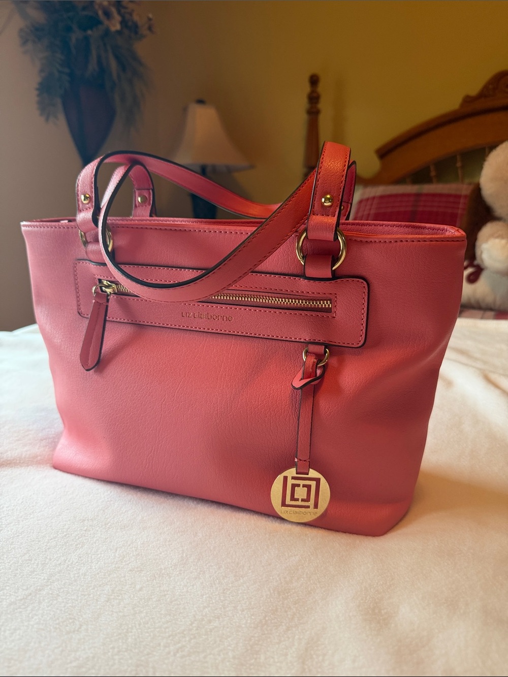 New! Liz Claiborne Coral-Pink Leather Tote with Gold Accent